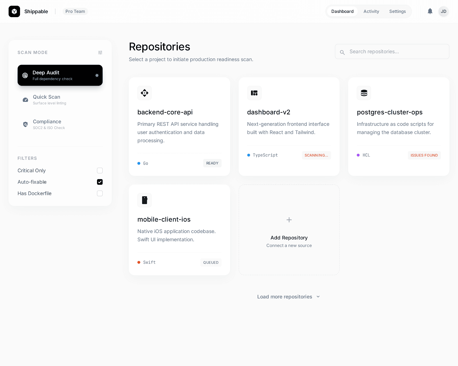 Shippable repository scanning workflow