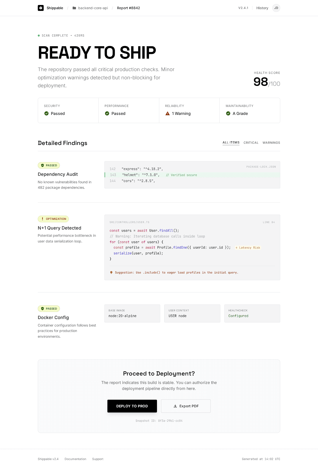 Shippable mobile readiness report view